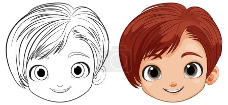 Ilustración de Dos niños sonrientes de dibujos animados con el pelo colorido - Imagen libre de derechos