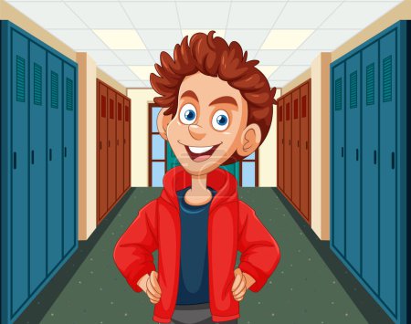 Cheerful boy standing in a school corridor