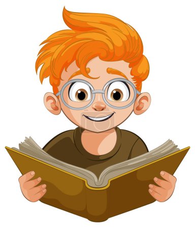 Illustration of a young boy reading a book intently