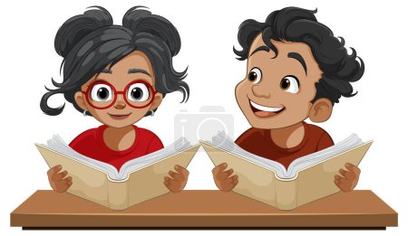 Dos niños leyendo alegremente libros en una mesa