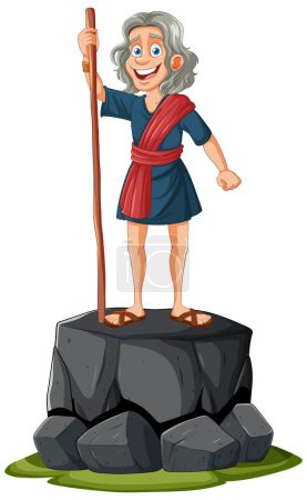 Illustration for Cartoon of a smiling philosopher standing on rocks - Royalty Free Image