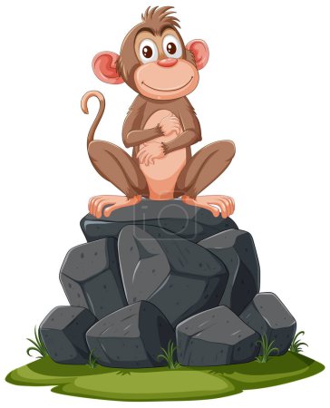 Illustration for A happy monkey perched atop a pile of stones. - Royalty Free Image