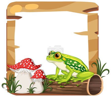 Illustration for Colorful frog sitting on log, surrounded by mushrooms. - Royalty Free Image