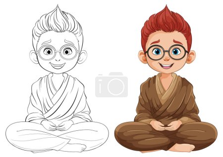 Illustration for Illustration of a boy meditating, black and white to color - Royalty Free Image