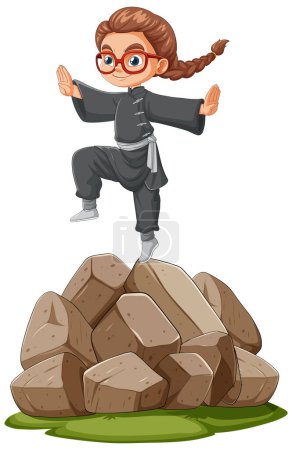 Cartoon girl in martial arts pose on stone pile.