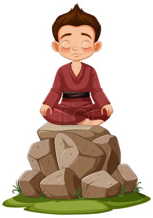 Dibujos animados de un niño meditando pacíficamente al aire libre