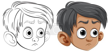 Ilustración de Dos ilustraciones de la cara de un niño, una de color, una delineada. - Imagen libre de derechos