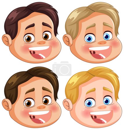 Cuatro caras de dibujos animados que muestran felicidad y asombro