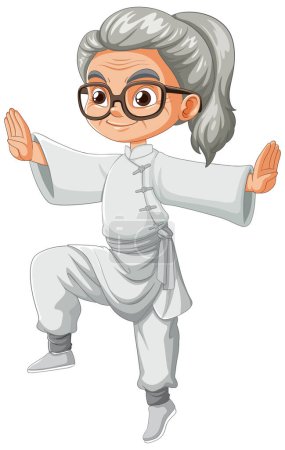 Ilustración de Mujer anciana animada en pose tai chi - Imagen libre de derechos