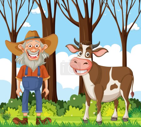 Illustration for Cheerful farmer standing next to a smiling cow. - Royalty Free Image