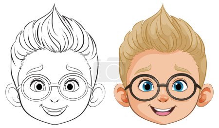 Ilustración de Cara de niño de dibujos animados, antes y después de colorear - Imagen libre de derechos
