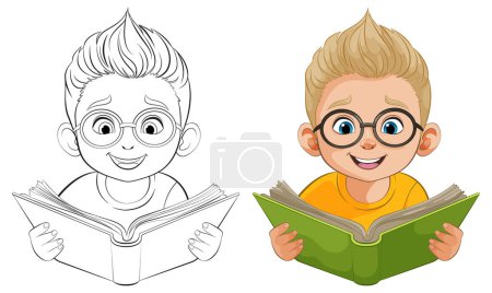 Téléchargez les illustrations : Dessin animé garçon souriant tout en lisant un livre ouvert. - en licence libre de droit