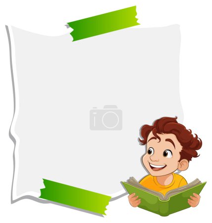 Téléchargez les illustrations : Garçon joyeux lecture livre à côté du papier vide - en licence libre de droit
