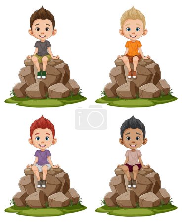 Téléchargez les illustrations : Quatre enfants de dessin animé souriant sur des piles de pierre - en licence libre de droit