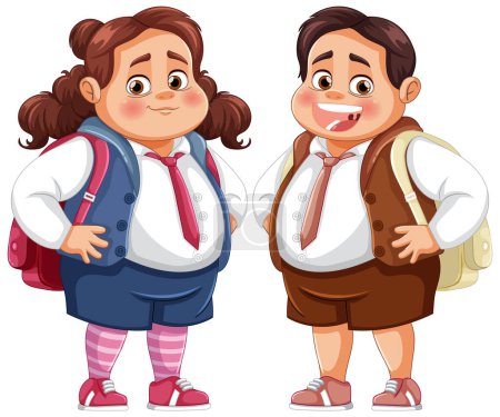 Téléchargez les illustrations : Deux enfants joyeux avec des sacs à dos souriants. - en licence libre de droit