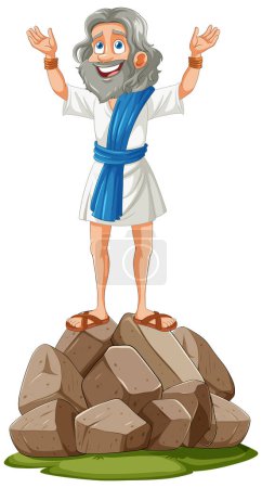 Illustration for Cartoon of a happy philosopher standing on boulders - Royalty Free Image