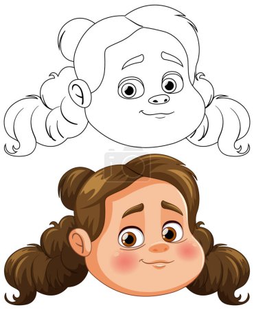 Two expressions of a cartoon girl, colored and outlined.