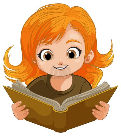 Téléchargez les illustrations : Fille animée avec livre, sourire, expression heureuse. - en licence libre de droit