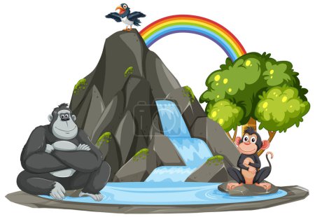 Ilustración de Gorila, mono y pájaro cerca de una colorida cascada - Imagen libre de derechos