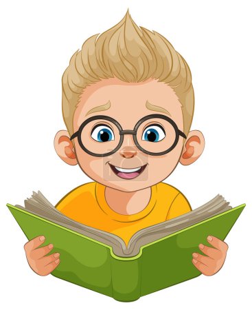 Cartoon boy with glasses reading a green book
