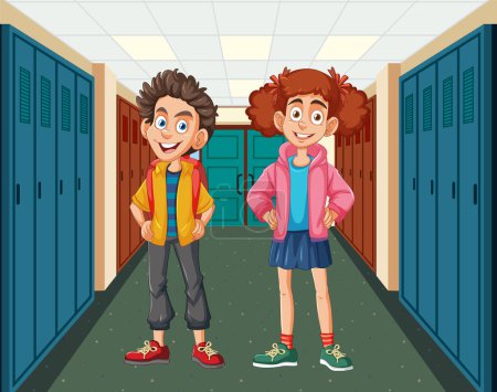 Ilustración de Dos niños sonrientes de pie en un pasillo escolar - Imagen libre de derechos