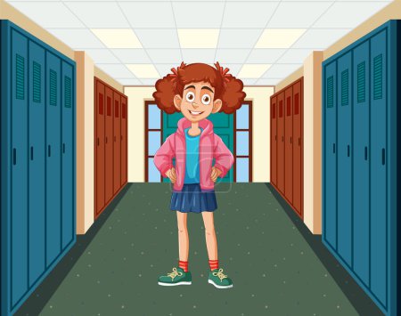 Chica alegre de pie en un pasillo de la escuela
