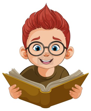 Ilustración de Niño de dibujos animados con gafas leyendo un libro intensamente - Imagen libre de derechos