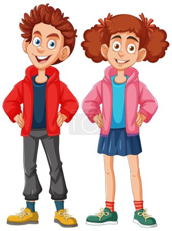 Cheerful boy and girl in casual clothes smiling.