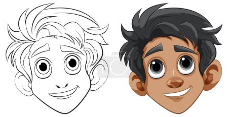 Ilustración de Dos chicos de dibujos animados con diferentes tonos de piel sonriendo. - Imagen libre de derechos