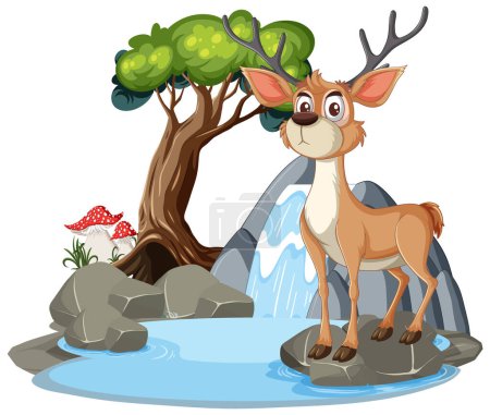 Téléchargez les illustrations : Un cerf heureux debout près d'une petite cascade - en licence libre de droit