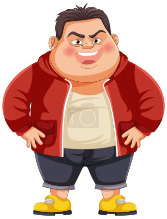 Cartoon illustration of a confident, bulky man standing.