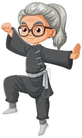 Illustration of a lively elderly woman doing kung fu.