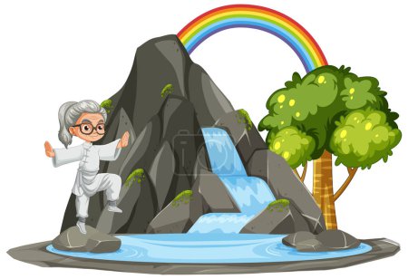 Illustration for Cartoon of a happy elderly woman near a waterfall - Royalty Free Image