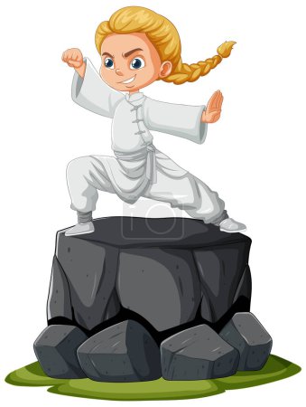 Cartoon girl practicing martial arts on rock.