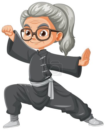 Ilustración de una alegre anciana haciendo kung fu