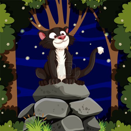 Téléchargez les illustrations : Joyeux putois assis sur les rochers parmi les arbres la nuit. - en licence libre de droit