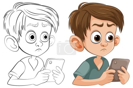 Vector illustration of a boy with and without color.