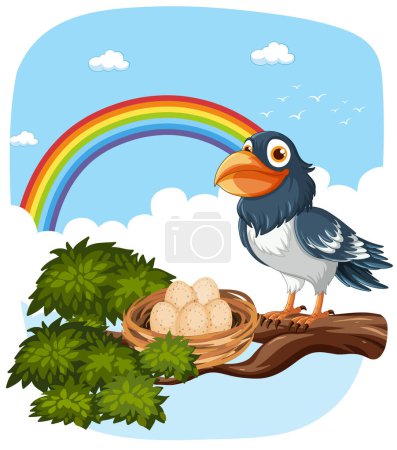 Ilustración de Pájaro de dibujos animados junto a huevos en el nido, fondo de arco iris colorido - Imagen libre de derechos