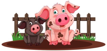 Illustration for Two cartoon piglets near a fence in mud - Royalty Free Image