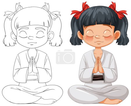 Colorful and sketch versions of a meditating child