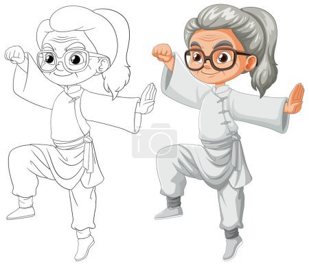 Illustration for Colorful and line art illustrations of a karate grandma - Royalty Free Image
