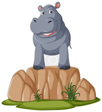 A cheerful cartoon hippopotamus standing on rocks