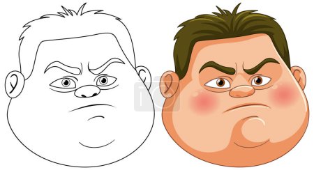 Illustration for Two stages of a cartoon face, from line art to colored. - Royalty Free Image