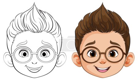 Illustration for Vector illustration of a boy's face, before and after coloring - Royalty Free Image