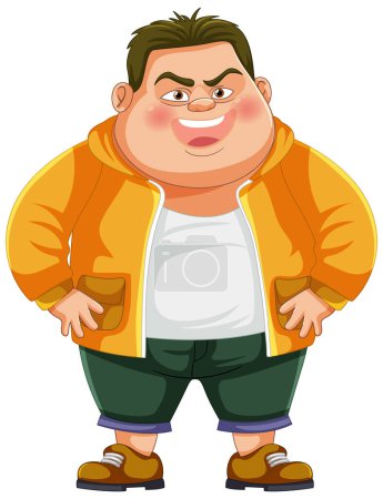 Cartoon illustration of a confident, bulky man standing.