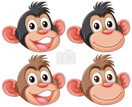 Téléchargez les illustrations : Quatre visages de singe montrant différentes expressions. - en licence libre de droit