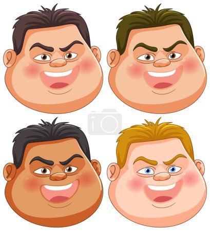 Ilustración de Cuatro caras masculinas estilizadas que muestran diferentes expresiones. - Imagen libre de derechos