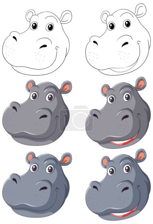 Téléchargez les illustrations : Collection d'expressions faciales hippopotame dessin animé. - en licence libre de droit