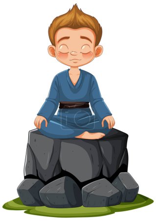 Illustration for Cartoon boy in meditation pose on stone - Royalty Free Image