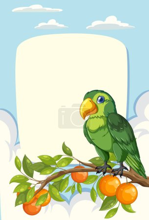Ilustración de Colorido loro encaramado en una rama con naranjas. - Imagen libre de derechos